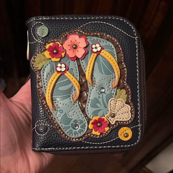 Chala Navy Flip-Flop Wallet with Floral Accents - Picture 2 of 11